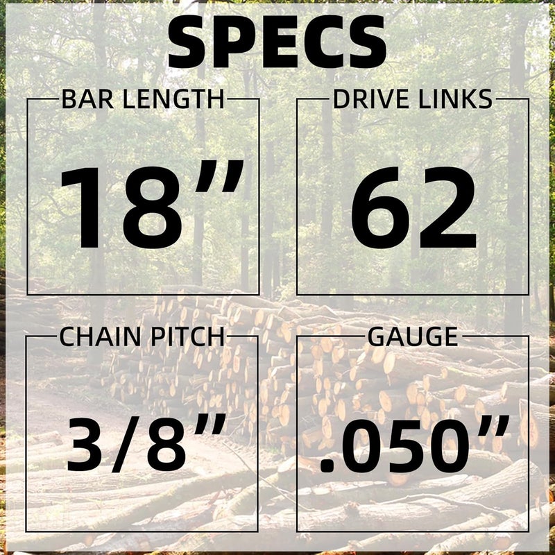 JINFFR 18 Inch Chainsaw Bar & Chain Combo 3/8" LP Pitch .050" Gauge 62 Drive Links 18" Replacement Chain Low-Kickback Chainsaw Chains Compatible with Echo, Poulan, Craftsman and More (2Chains + 1Bar) - Image 2